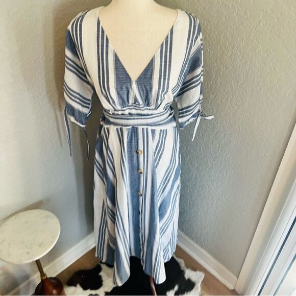 June & Hudson Tie Sleeve Striped Midi Dress, Blue/White, Size XL, NWOT - Picture 4 of 13